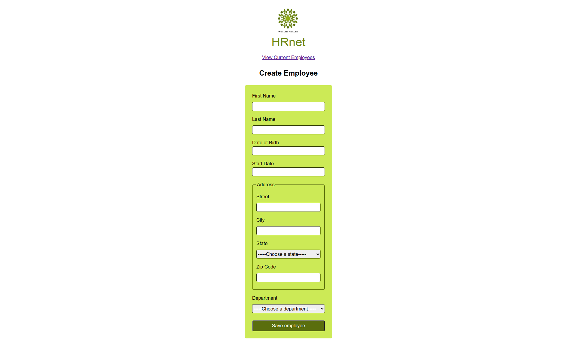 Hrnet, screenshot of the page to create an employee