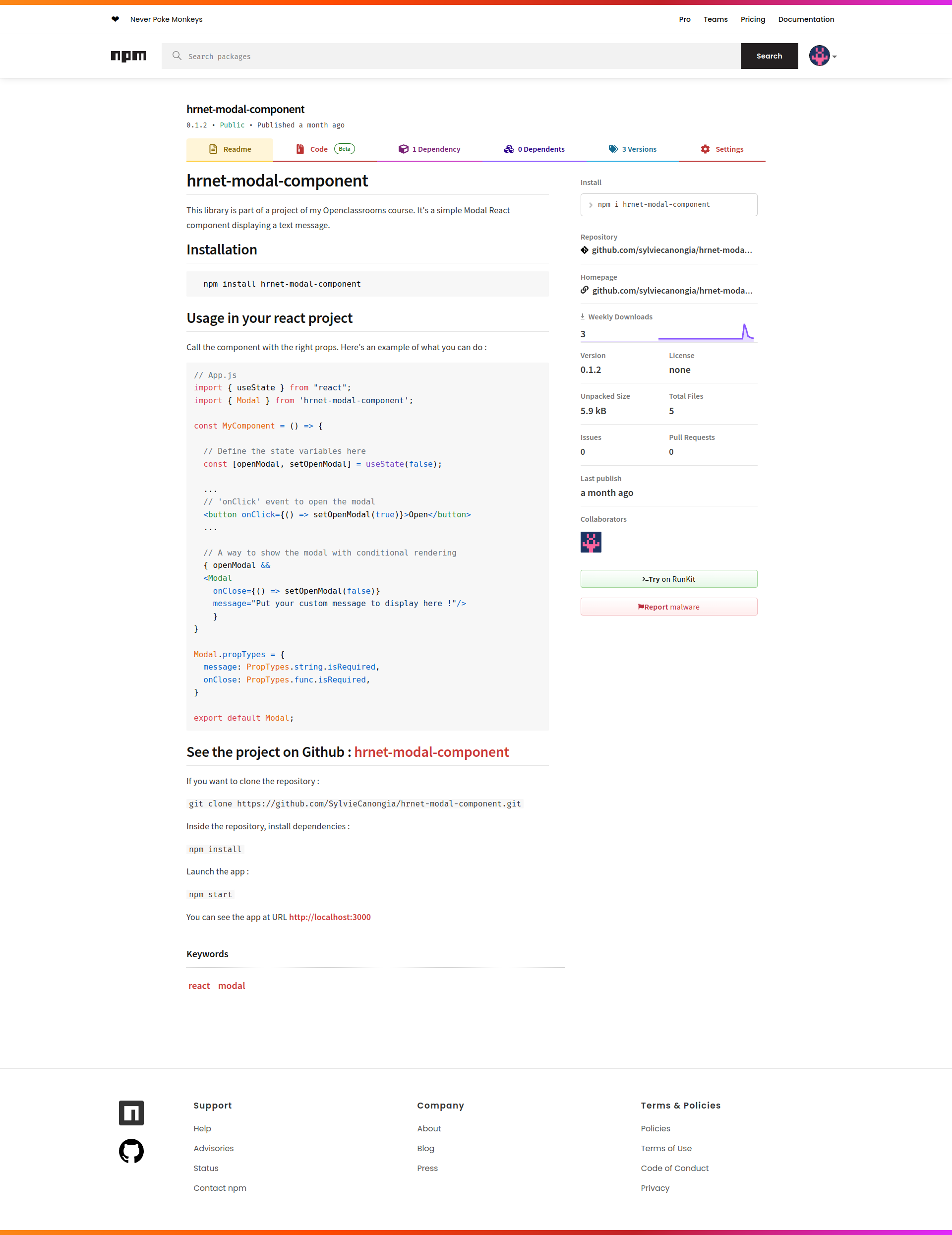 Hrnet, screenshot of the npm package page